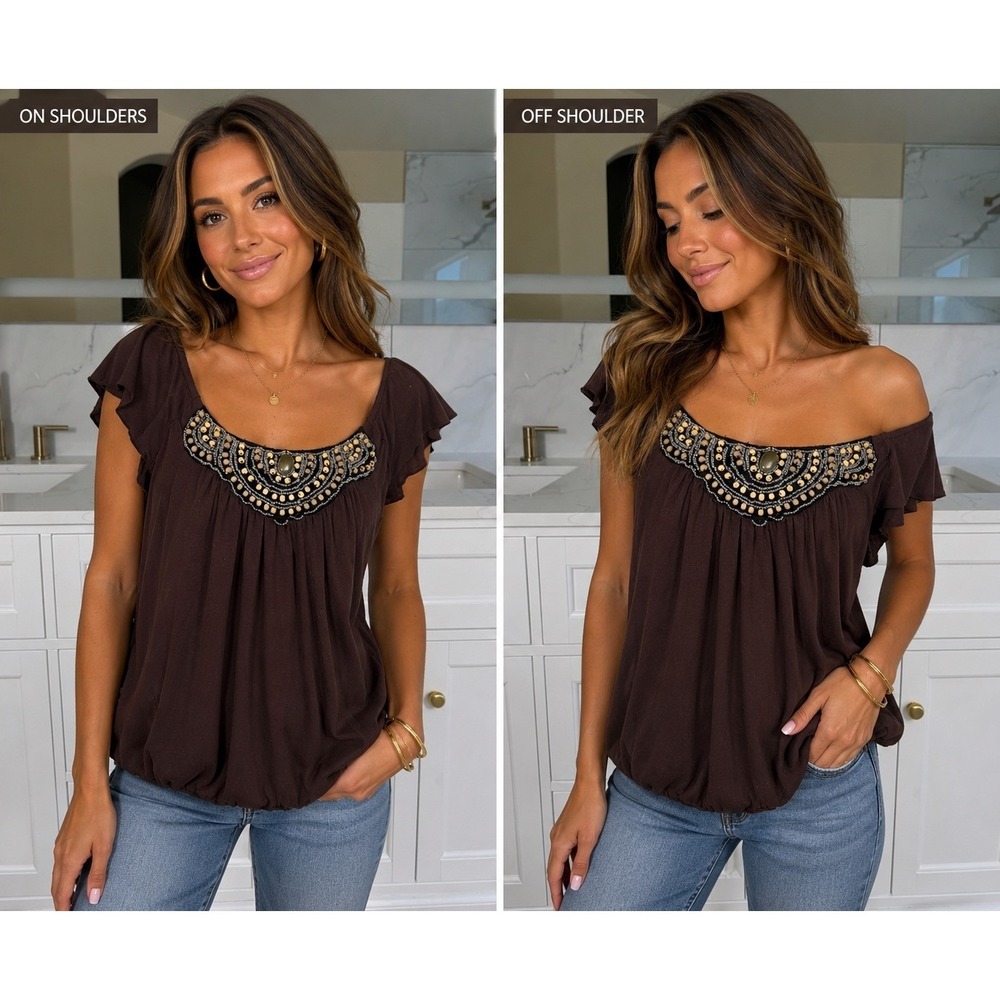 Wrapper Beaded Off Shoulder Top Womens Small Brown Boho Bubble Hem‎